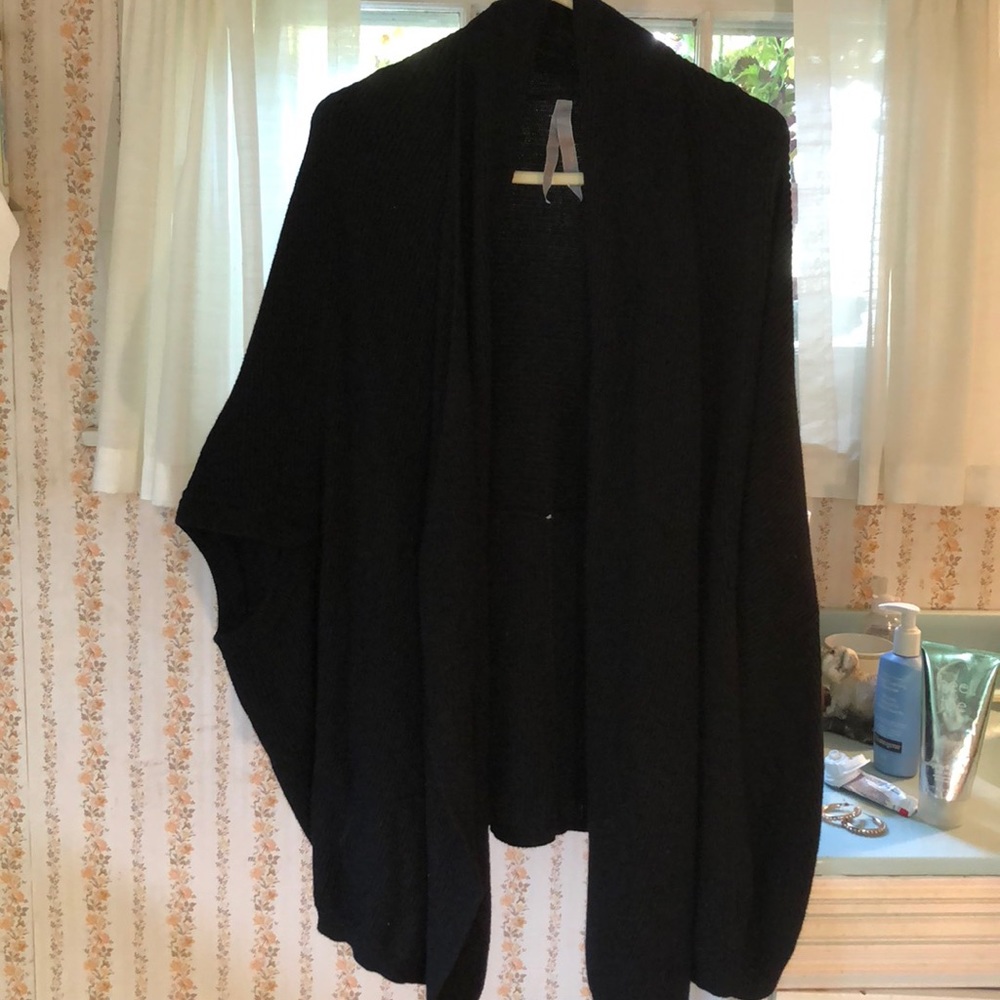 Black shawl collar cardigan with bat wing sleeve